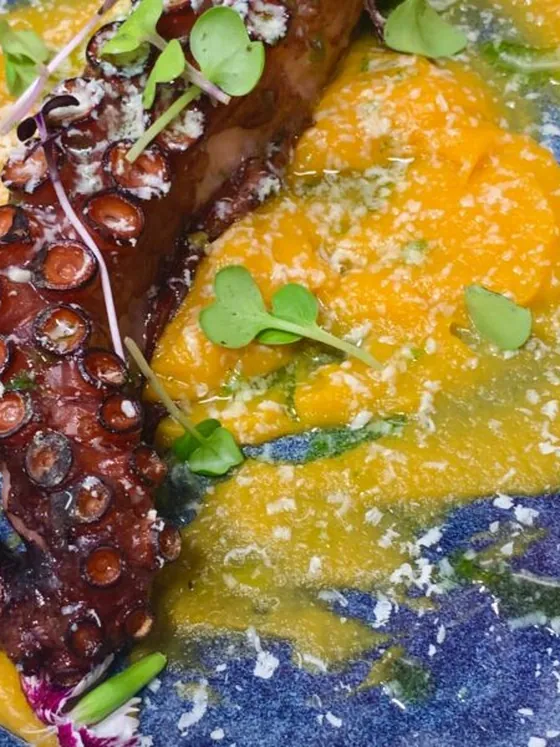 Pulpo a la brasa sobre crema de boniato