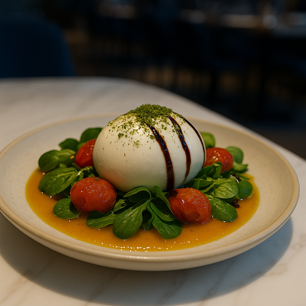 Ensalada De Burrata, Canónigos, Cherry Confitado