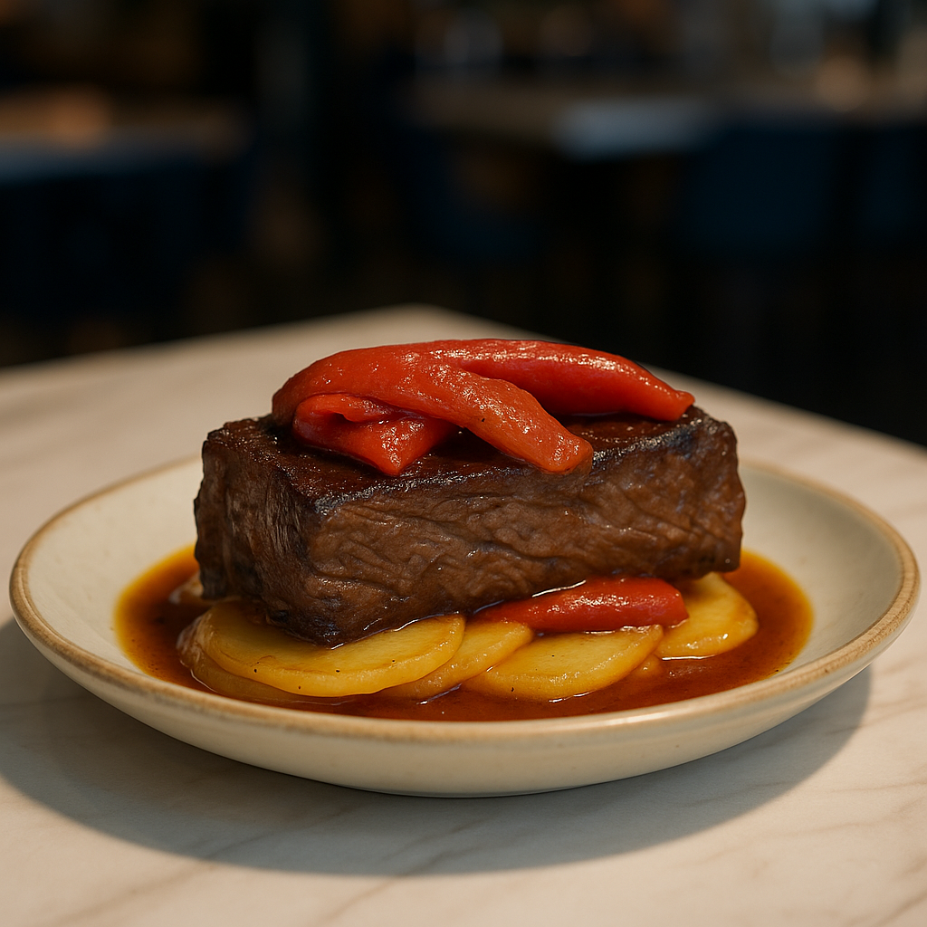 Pecho De Ternera Meloso Con Pimientos Asadas Y Patatas Al Jugo
